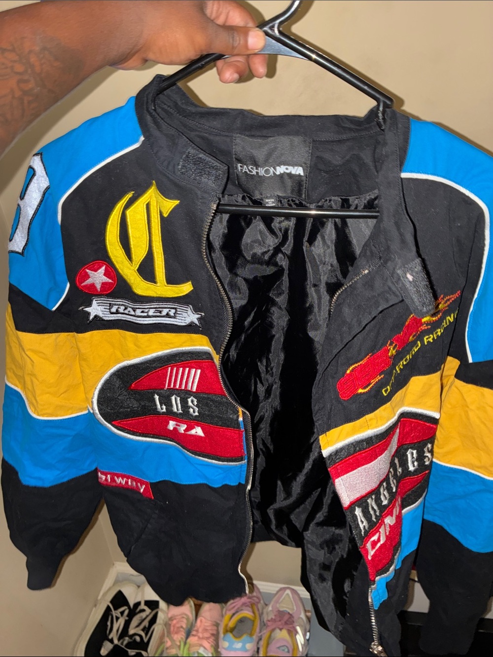 Fashion Nova Men's Black, Blue & Yellow Racing Patch Bomber Jacket